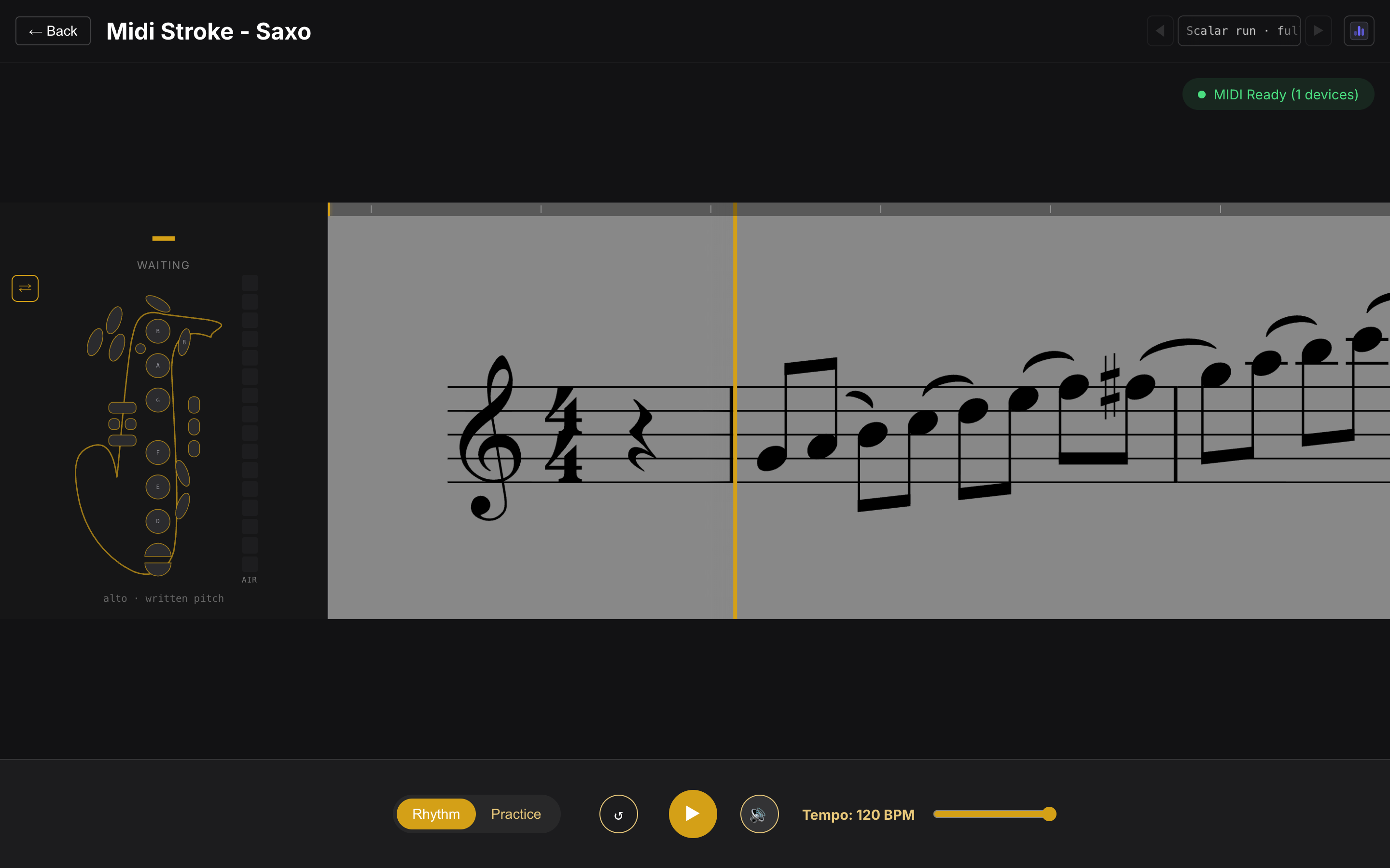 A generated bebop exercise in the score view